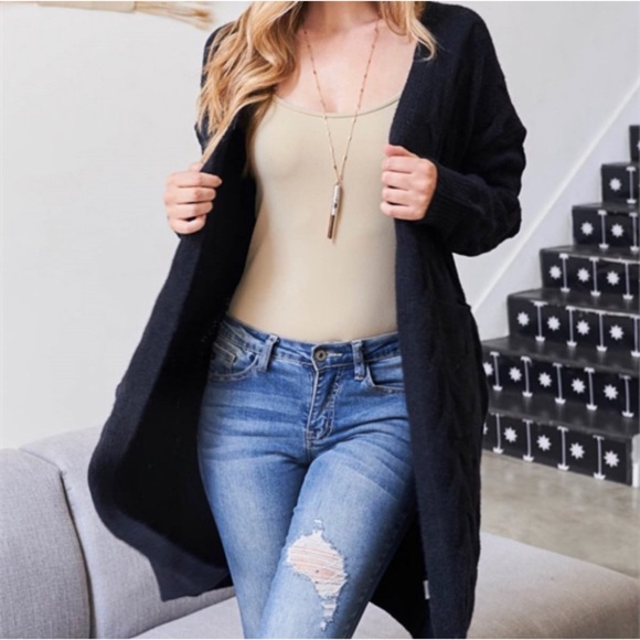 1 LEFT! Open Front Long Sleeve Soft Tight Knit Black Women's Cardigan - Picture 12 of 12